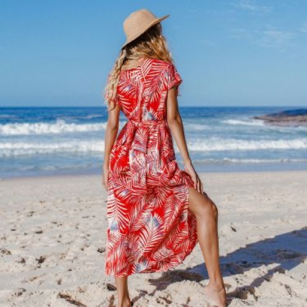 Cupshe Women's Short Sleeve Red Leafy Wrap Ankle Length Kaftan dress, sz M, NWT